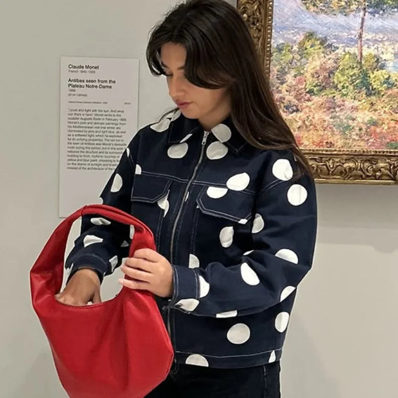 Fashion Polka Dots Blue Denim Jacket Pants Set Women Lapel Full Sleeve Zipper Top Wide Leg Trousers 2025 Autumn New Lady Outfits