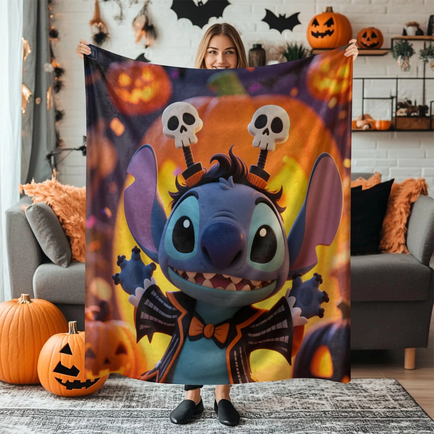 Halloween Stitch Flannel Blanket, Cartoon Multifunctional Throw Blanket, Home Outdoor Leisure Blanket, Comfortable Light Gift