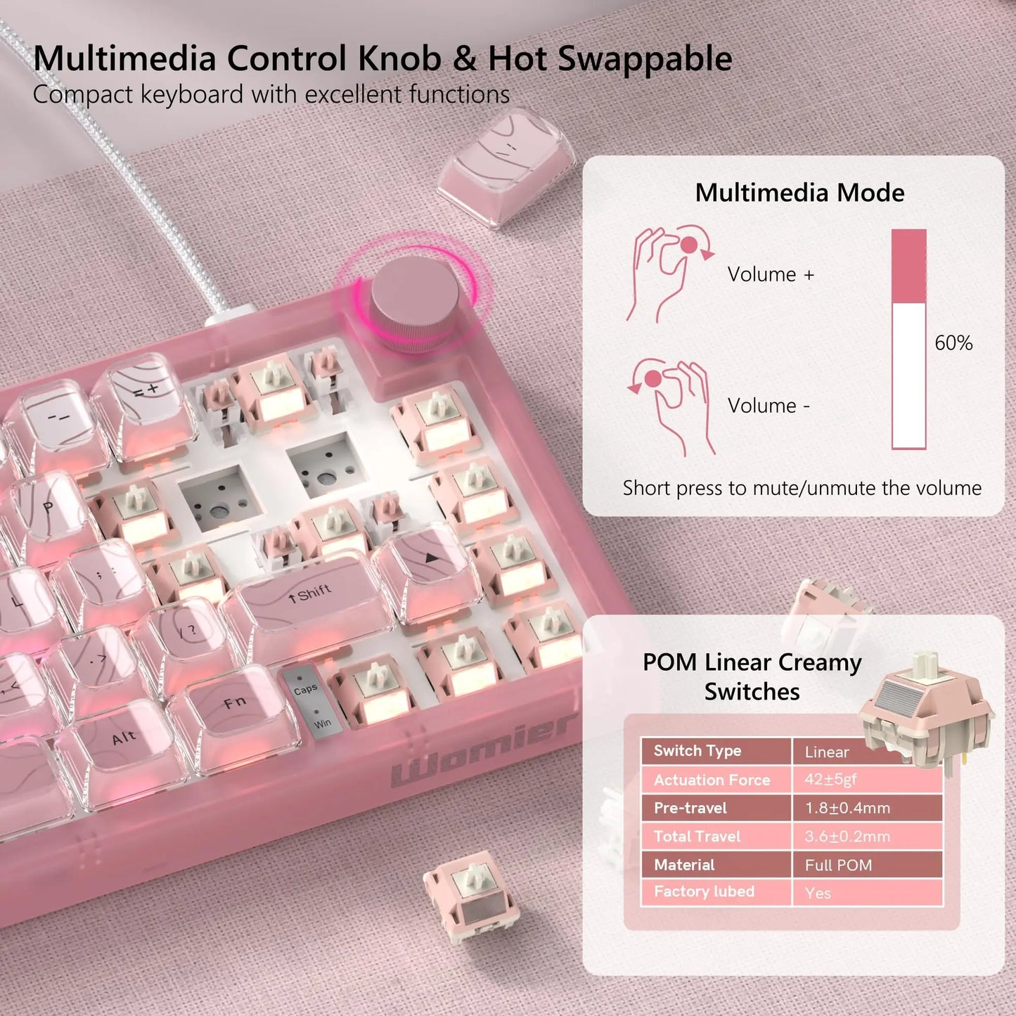Womier V-K66 PRO 60% Custom Mechanical Keyboard QMK/VIA Creamy Gasket Mount Hot Swappable RGB Wired Gaming Keyboard