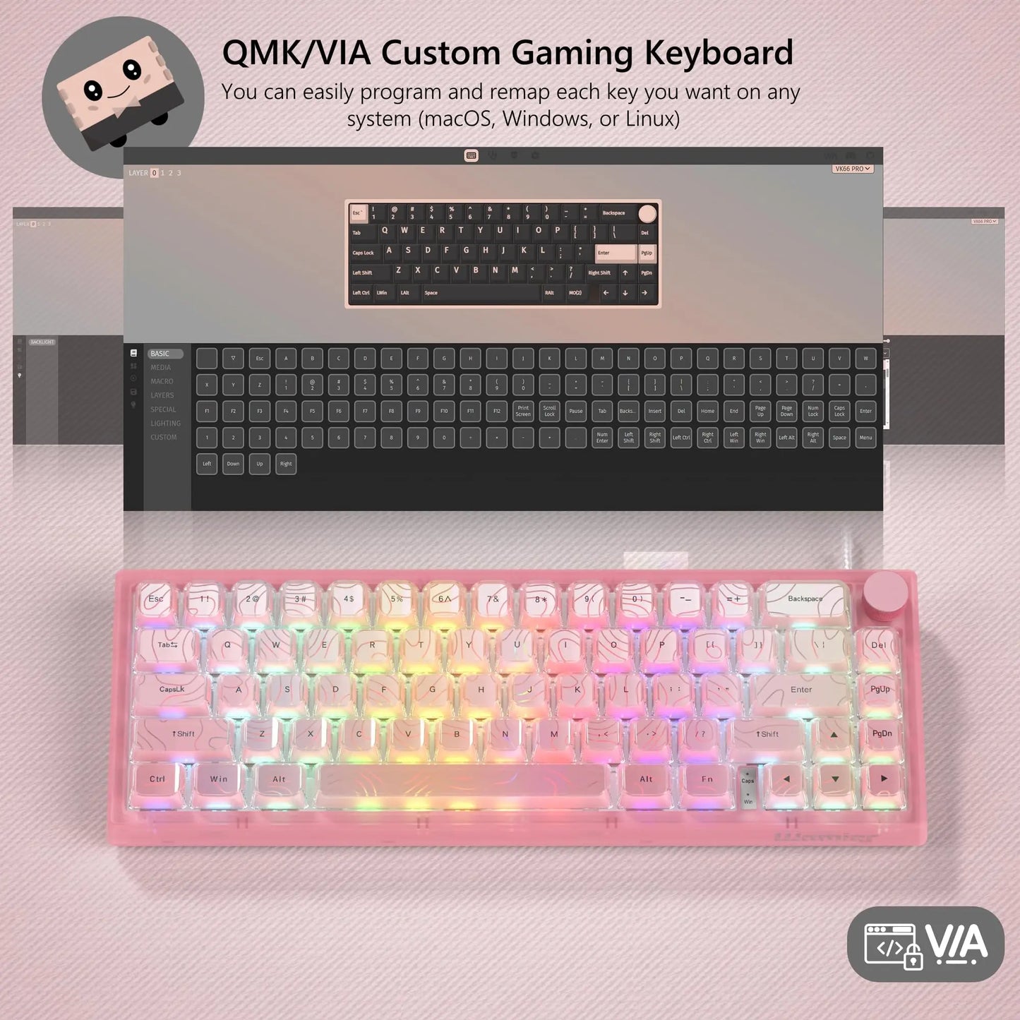 Womier V-K66 PRO 60% Custom Mechanical Keyboard QMK/VIA Creamy Gasket Mount Hot Swappable RGB Wired Gaming Keyboard