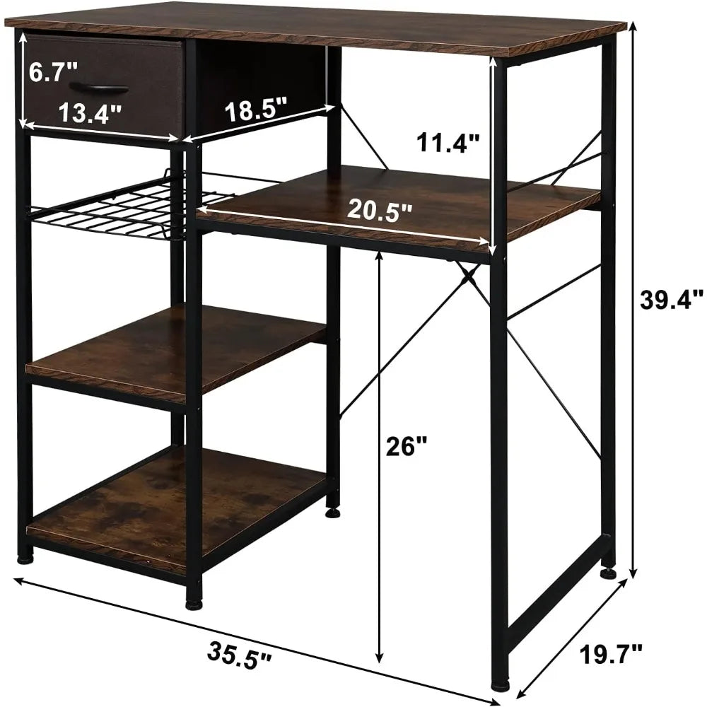 Bakers Racks for Kitchens with Storage Mini Fridge Stand Bar Cabinet with Mini Fridge Space, Big Drawer, Wine Rack, Metal Frame