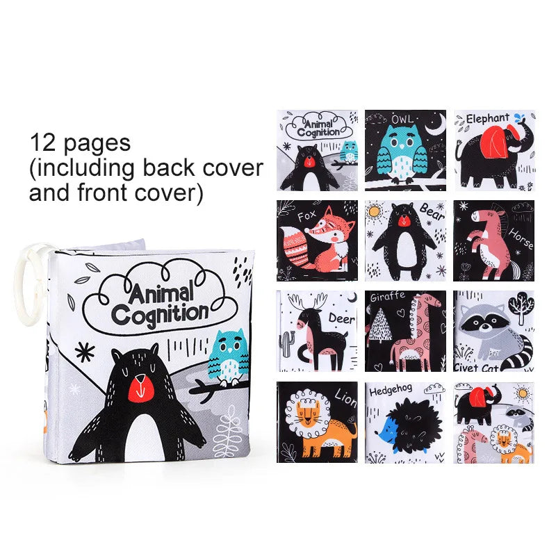 12 Page Cloth Book Montessori Touch And Feel Infant Soft Books Cartoon Animals Interactive Early Education Toys For Baby
