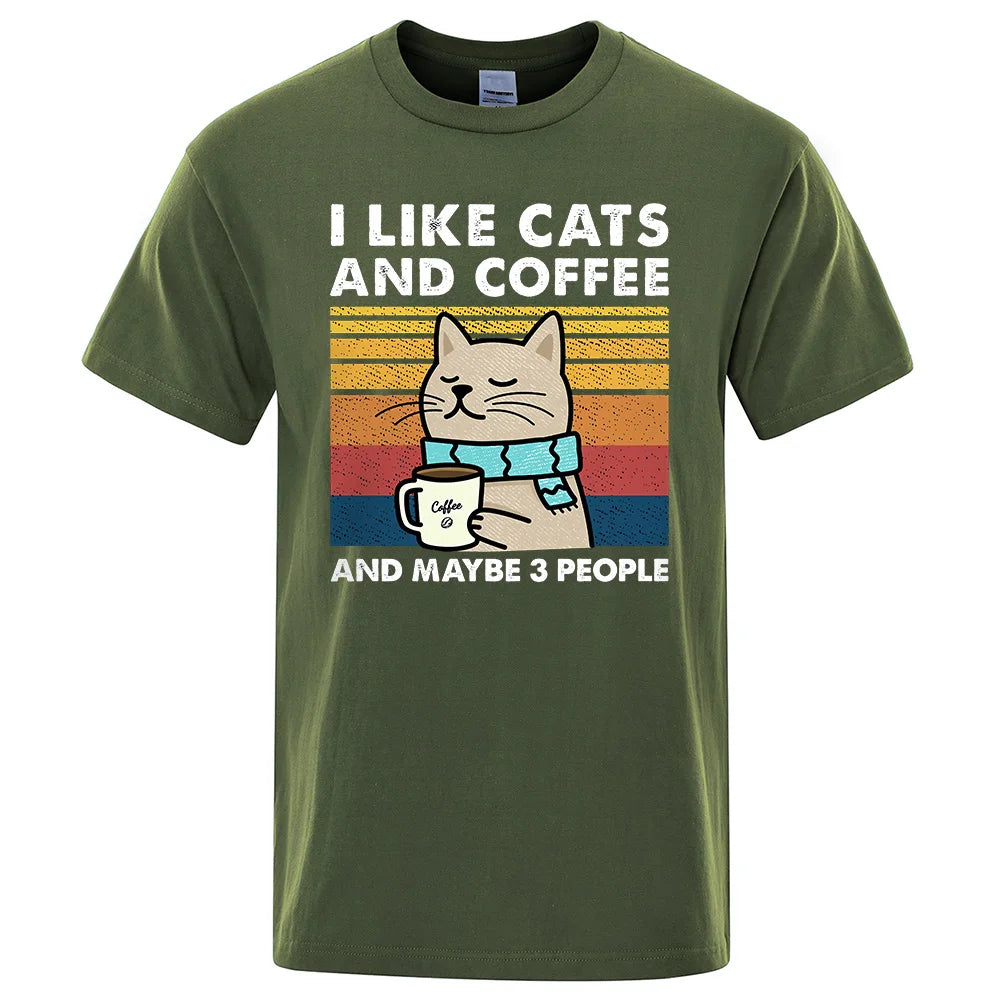 I Like Cats And Coffee Street Funny T-Shirt For Men Fashion Casual Loose Cotton Clothing Crewneck Breathable Tshirt Hip Hop Tees