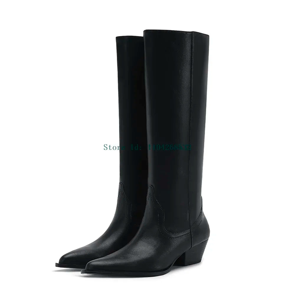 Genuine  Leather Patchwork Knee High Boots Pointed Toe Square Heel Slip On Leather Lining Flock Lining Fashion Lady Womern Boots