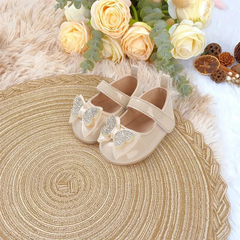Casual Cute Rhinestone Bowknot Decor Mary Jane Shoes For Baby Girls, Lightweight Non-slip Walking Shoes For Spring And Autumn