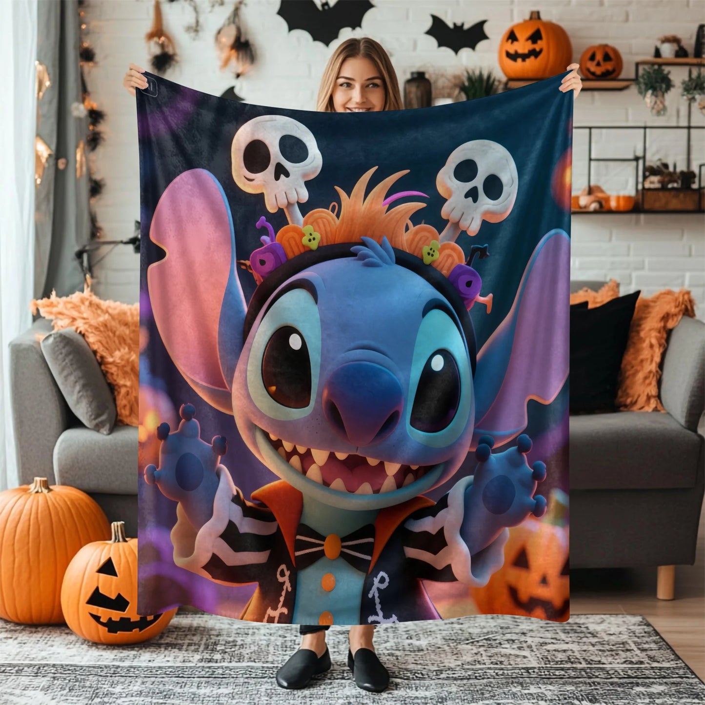 Halloween Stitch Flannel Blanket, Cartoon Multifunctional Throw Blanket, Home Outdoor Leisure Blanket, Comfortable Light Gift
