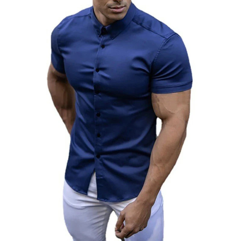 2025 Summer Men's Casual Formal Single-breasted Shirt Fashion Loose Classic Slim Short Sleeve Solid Color Fashionable Shirt