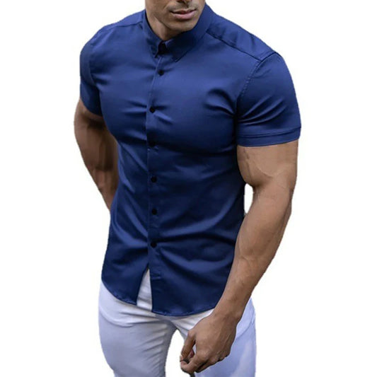 2025 Summer Men's Casual Formal Single-breasted Shirt Fashion Loose Classic Slim Short Sleeve Solid Color Fashionable Shirt