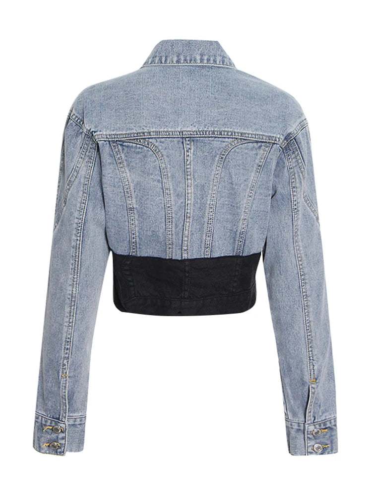 ROMISS women's casual color -colored denim jacket lavage long -sleeved single -breasted street installation retro slim jacket