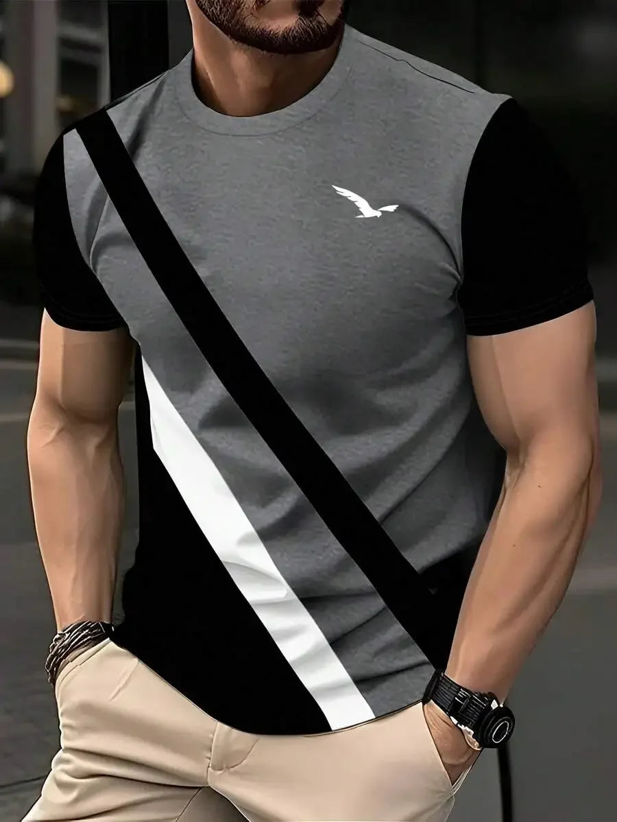 Summer Men's T-Shirt Outdoor Trendy Street Short Sleeve Top Striped Printed Plaid Style Plus Size Loose Men's Clothing  Fashion