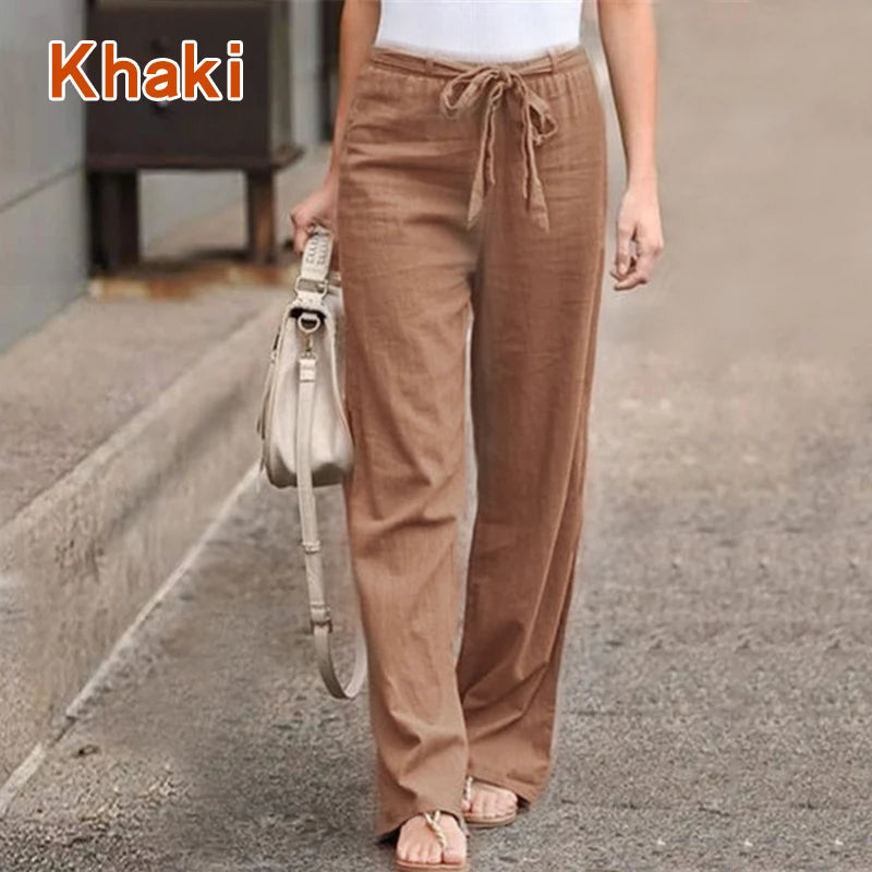Women Casual Cotton Linen Pants Fashion Solid Color Elastic Waist Loose Straight Pants Female Ankle-length Trousers Summer Pants