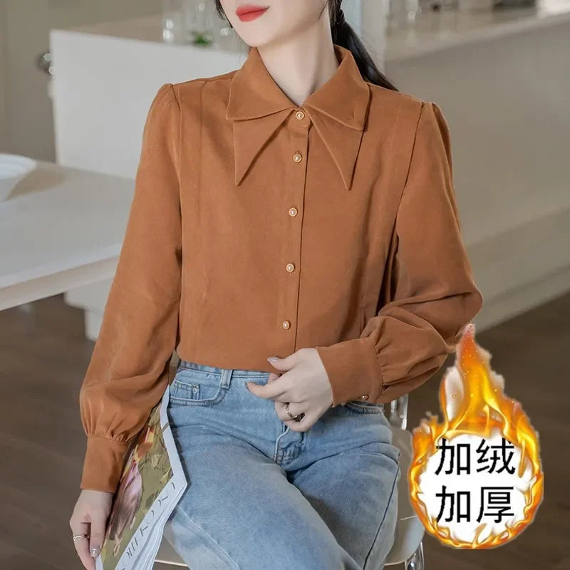 New Winter Casual Shirts Long Sleeve Turn Down Collar Womern Shirt  Adding Velvet and Thickening Blouses Womens Tops Blusa D187