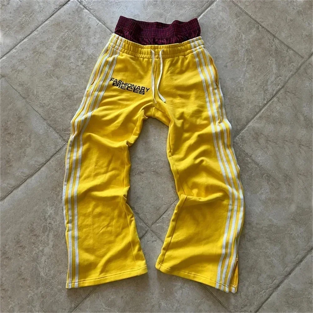 Women Casual Pants Patchwork High Waisted Design Vintage Straight Sweatpants Striped Side Panels Korean Fashion Slim Fit Loose