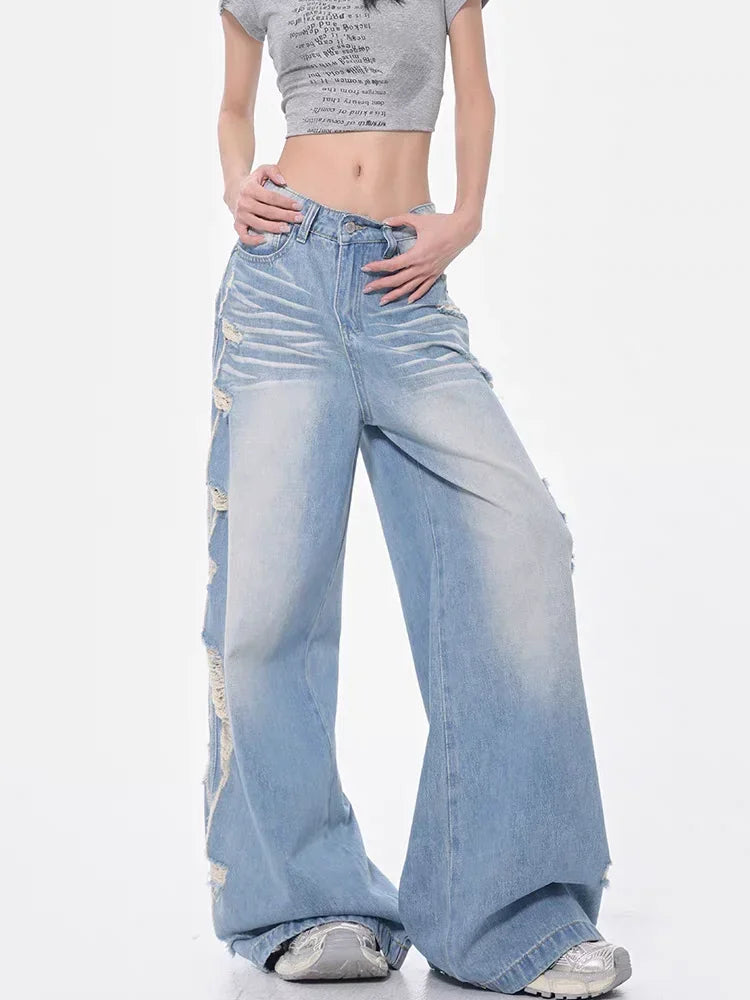 Vintage Blue Ripped Jeans women Streetwear 90s American Retro Y2k Denim Pants 2000s High Waist Straight Loose Casual Trousers