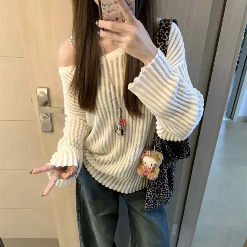 Hollow Out Knitted Stripe Slash Neck Sweater Women Oversize Autumn Winter Long Sleeve Lady Pullovers Lazy Style Blouse Sweater