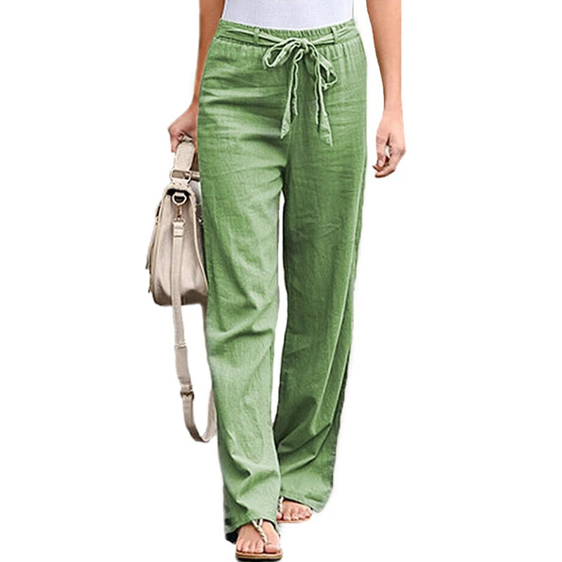 Women Casual Cotton Linen Pants Fashion Solid Color Elastic Waist Loose Straight Pants Female Ankle-length Trousers Summer Pants