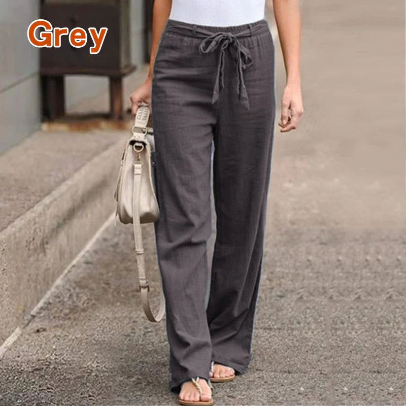 Women Casual Cotton Linen Pants Fashion Solid Color Elastic Waist Loose Straight Pants Female Ankle-length Trousers Summer Pants