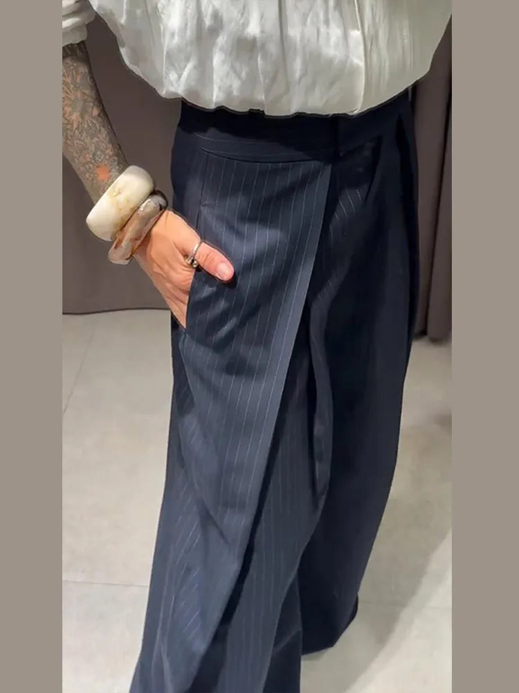 Fashion Chic Irregular Striped Long Pants For Women High Waist Loose Trouser 2025 Autumn Winter Fashion Female Daily Casual Pant
