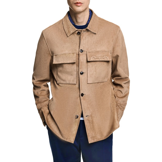CHCH Men's Fashion Long Sleeve Solid Faux Suede Shirt Single Pocket Simple Design Casual Shirts Coat