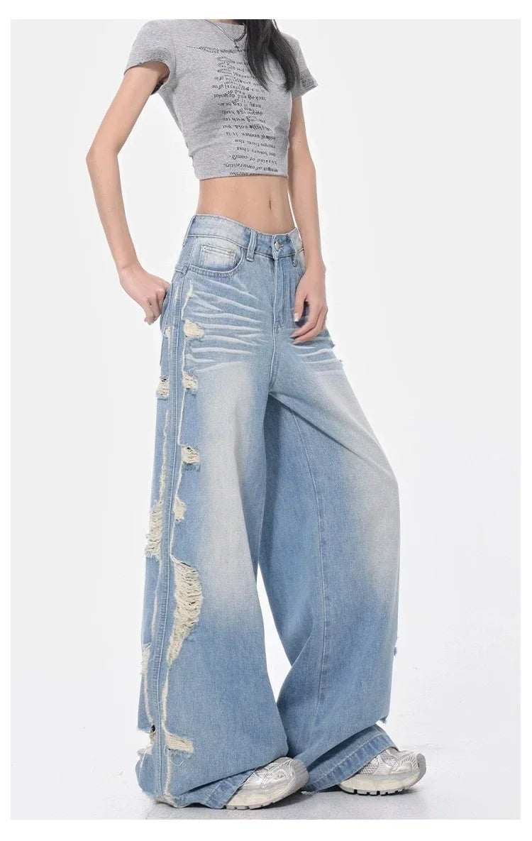 Vintage Blue Ripped Jeans women Streetwear 90s American Retro Y2k Denim Pants 2000s High Waist Straight Loose Casual Trousers
