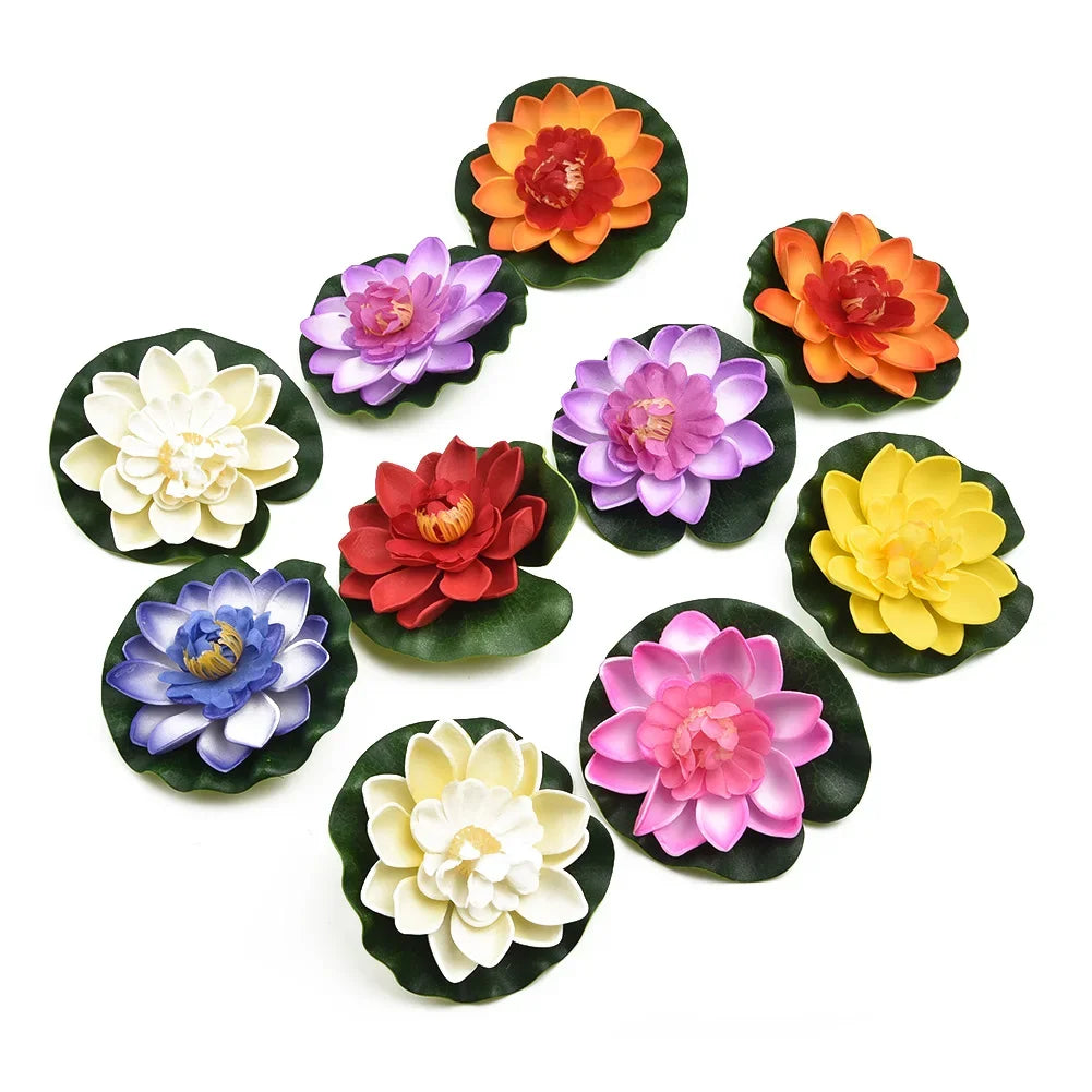 10pc Colorful Artificial Floating Water Lily Simulation EVA Lotus-Leaf Flowers Water Lily Pond Plants for Gardens Home Fish Tank