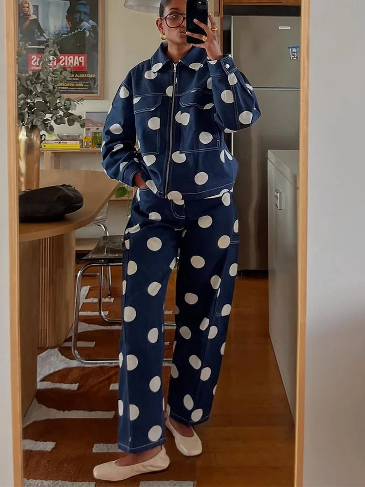 Fashion Polka Dots Blue Denim Jacket Pants Set Women Lapel Full Sleeve Zipper Top Wide Leg Trousers 2025 Autumn New Lady Outfits