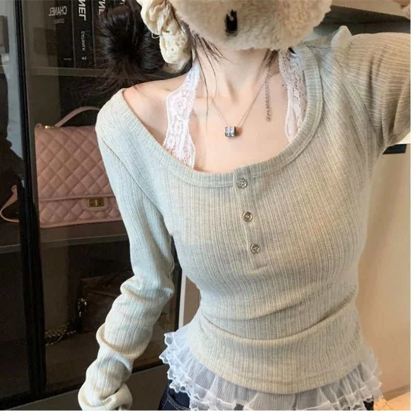 Autumn Womern Y2k Tops Casual Fashion Japanese T Shirt Fake Two T Shirts Women Clothing Patchwork Lace Tunic Long Sleeve Tees