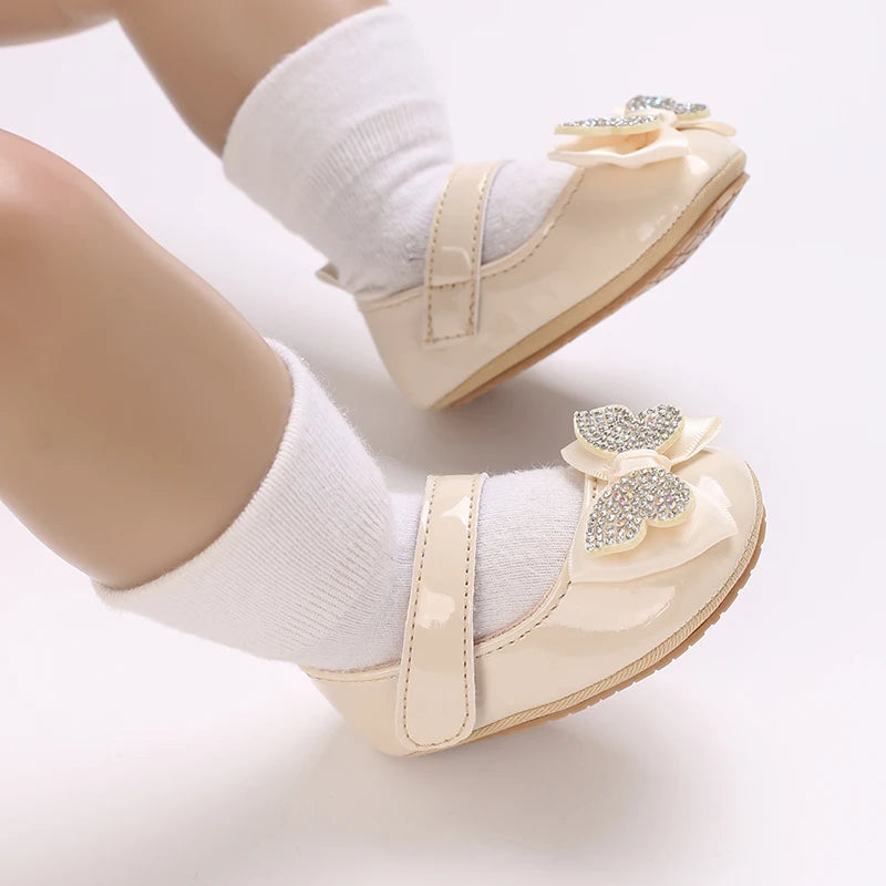 Casual Cute Rhinestone Bowknot Decor Mary Jane Shoes For Baby Girls, Lightweight Non-slip Walking Shoes For Spring And Autumn