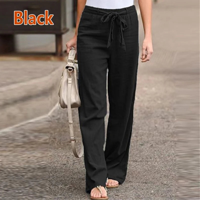 Women Casual Cotton Linen Pants Fashion Solid Color Elastic Waist Loose Straight Pants Female Ankle-length Trousers Summer Pants