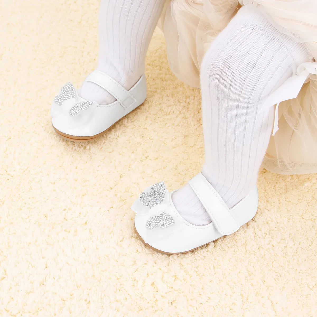 Casual Cute Rhinestone Bowknot Decor Mary Jane Shoes For Baby Girls, Lightweight Non-slip Walking Shoes For Spring And Autumn