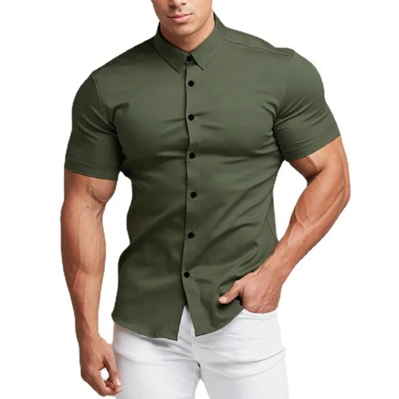 2025 Summer Men's Casual Formal Single-breasted Shirt Fashion Loose Classic Slim Short Sleeve Solid Color Fashionable Shirt