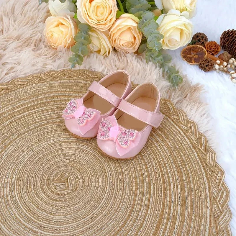 Casual Cute Rhinestone Bowknot Decor Mary Jane Shoes For Baby Girls, Lightweight Non-slip Walking Shoes For Spring And Autumn