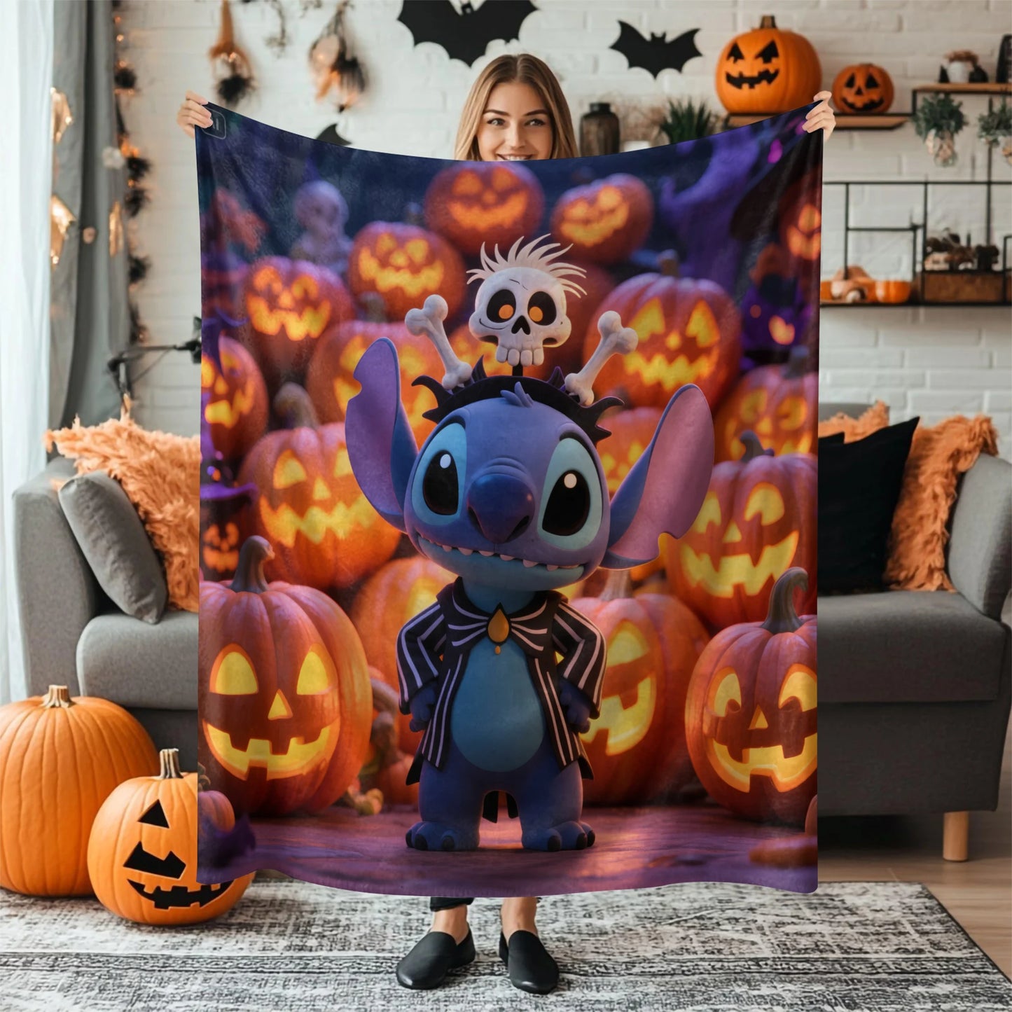 Halloween Stitch Flannel Blanket, Cartoon Multifunctional Throw Blanket, Home Outdoor Leisure Blanket, Comfortable Light Gift