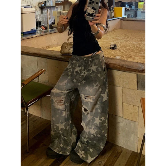Vintage High Waist Women Blue Jeans Printing Fashion Streetwear Wide Leg Jean Female Denim Trouser Straight Baggy Denim Pants