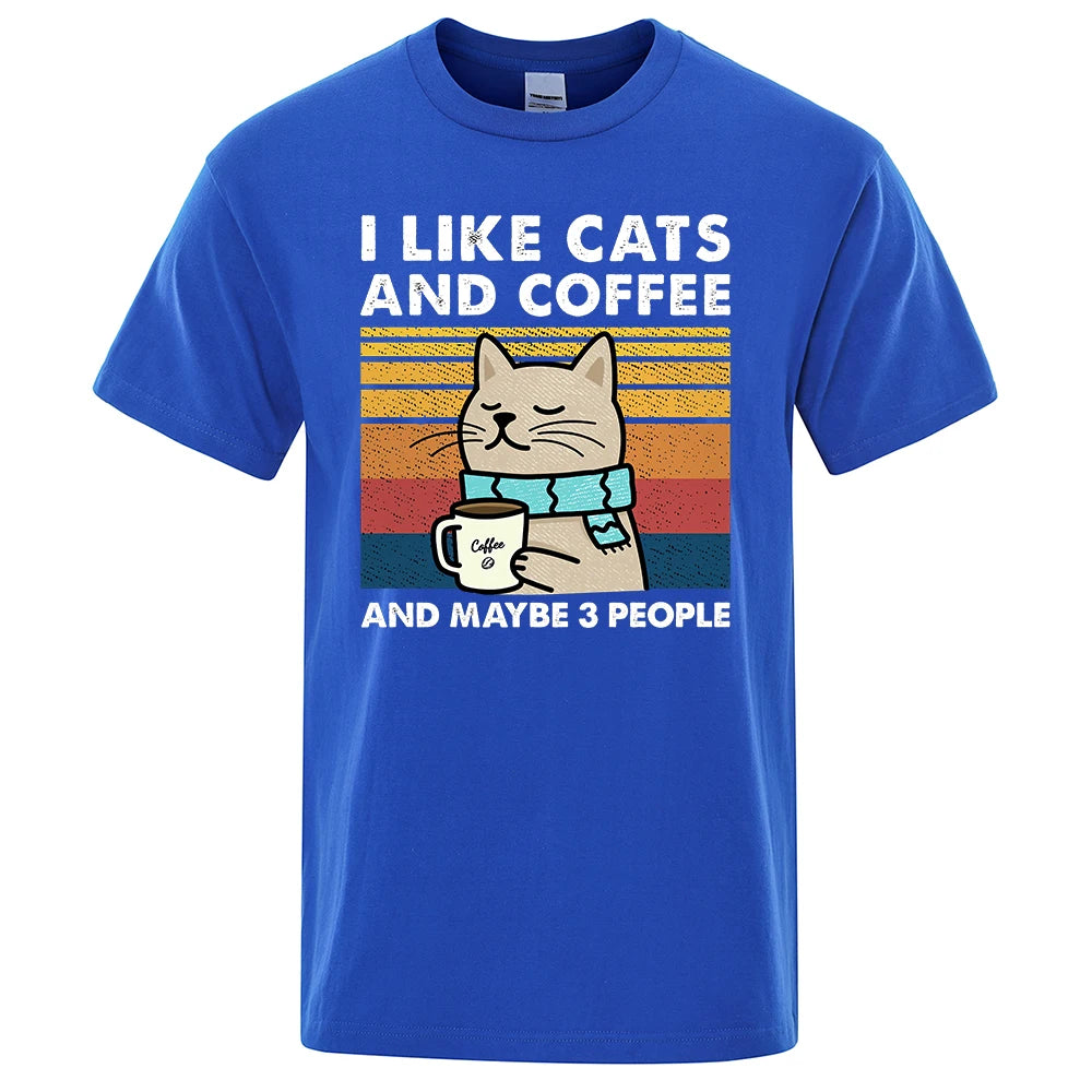 I Like Cats And Coffee Street Funny T-Shirt For Men Fashion Casual Loose Cotton Clothing Crewneck Breathable Tshirt Hip Hop Tees