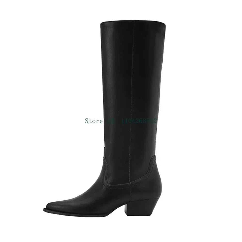 Genuine  Leather Patchwork Knee High Boots Pointed Toe Square Heel Slip On Leather Lining Flock Lining Fashion Lady Womern Boots