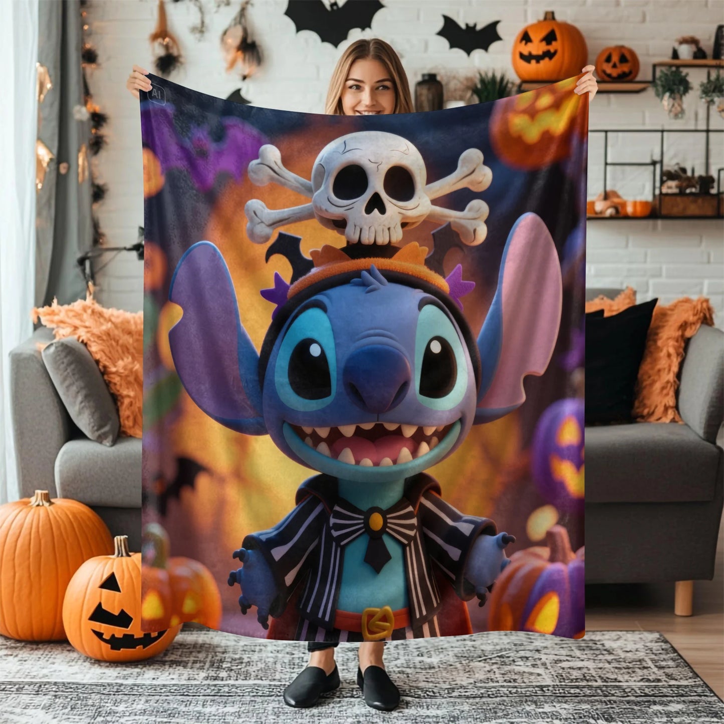 Halloween Stitch Flannel Blanket, Cartoon Multifunctional Throw Blanket, Home Outdoor Leisure Blanket, Comfortable Light Gift
