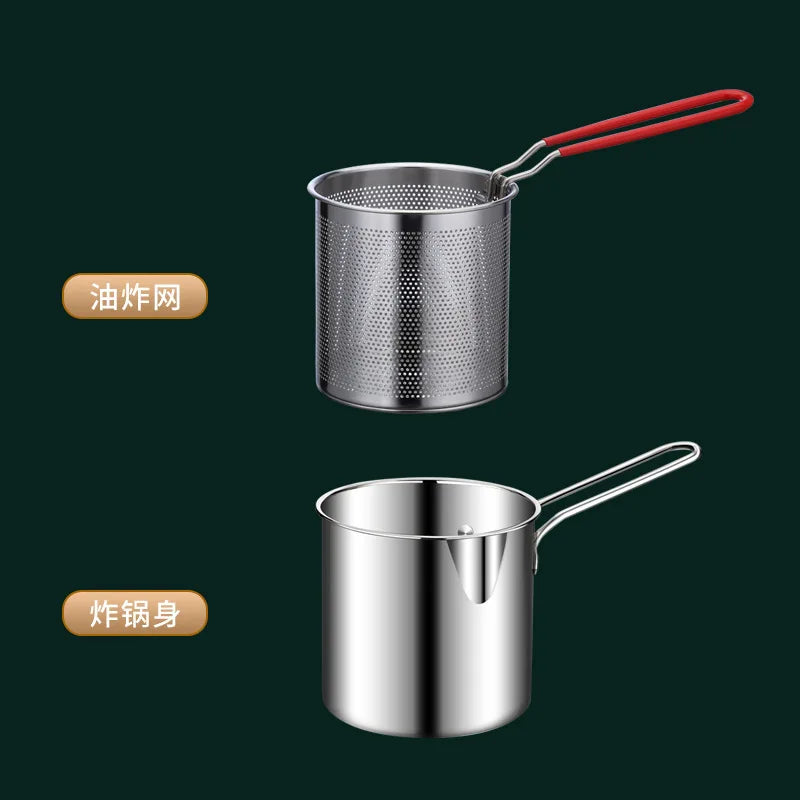 Stainless steel fryer with deep frying basket, multifunctional small pot, stainless steel french fries, fried chicken cookingpot