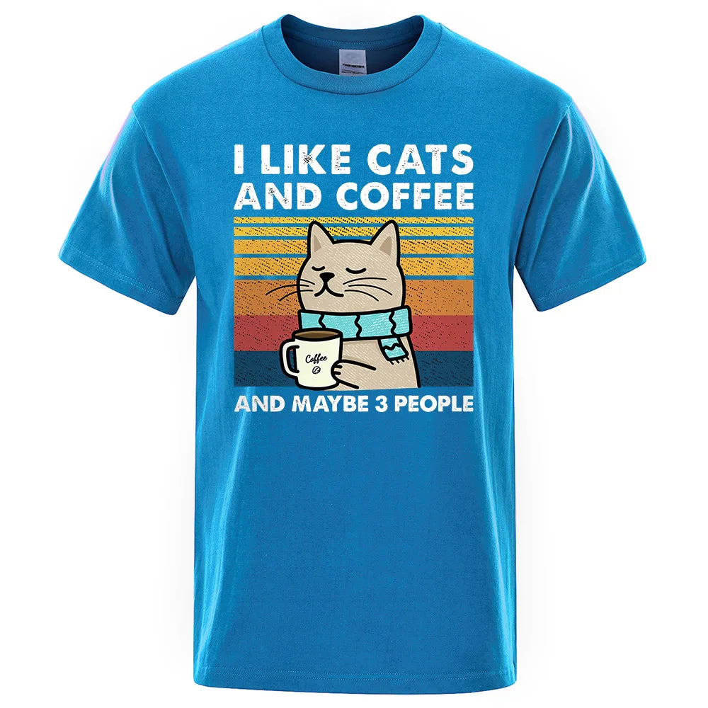 I Like Cats And Coffee Street Funny T-Shirt For Men Fashion Casual Loose Cotton Clothing Crewneck Breathable Tshirt Hip Hop Tees