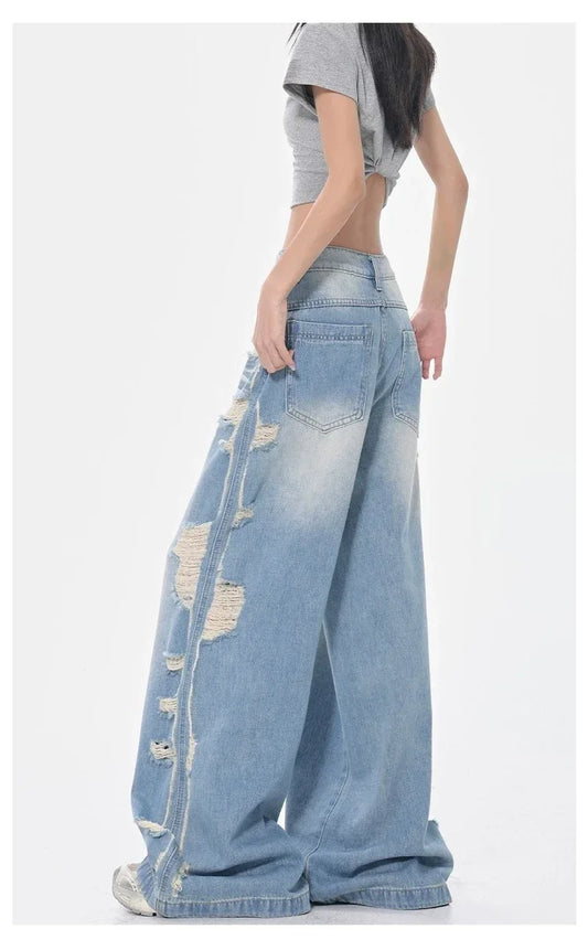 Vintage Blue Ripped Jeans women Streetwear 90s American Retro Y2k Denim Pants 2000s High Waist Straight Loose Casual Trousers