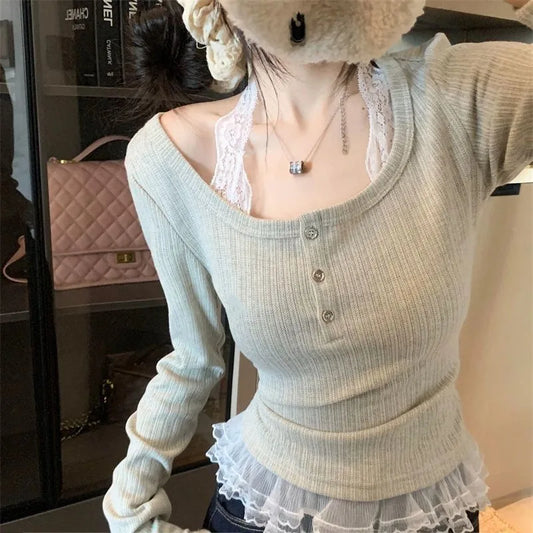 Autumn Womern Y2k Tops Casual Fashion Japanese T Shirt Fake Two T Shirts Women Clothing Patchwork Lace Tunic Long Sleeve Tees
