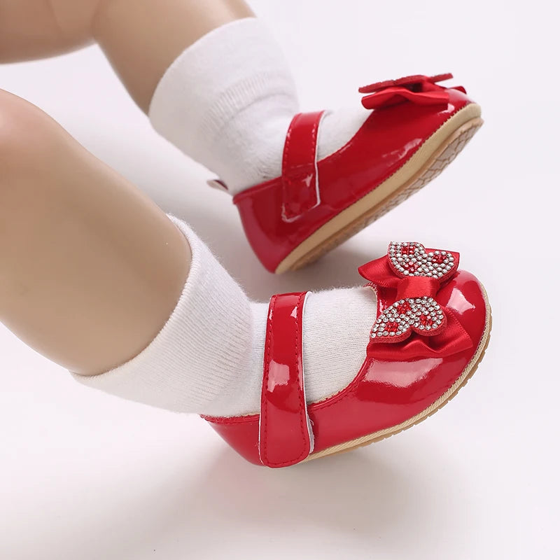 Casual Cute Rhinestone Bowknot Decor Mary Jane Shoes For Baby Girls, Lightweight Non-slip Walking Shoes For Spring And Autumn