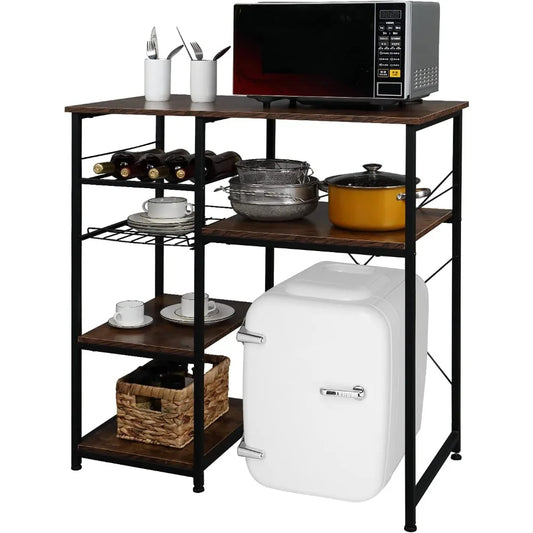 Bakers Racks for Kitchens with Storage Mini Fridge Stand Bar Cabinet with Mini Fridge Space, Big Drawer, Wine Rack, Metal Frame