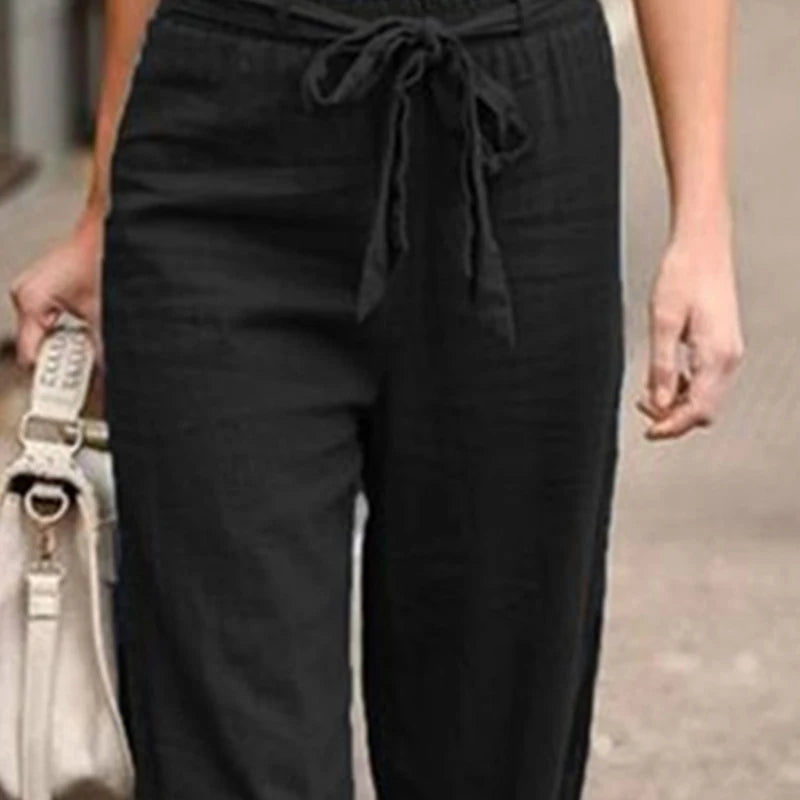 Women Casual Cotton Linen Pants Fashion Solid Color Elastic Waist Loose Straight Pants Female Ankle-length Trousers Summer Pants