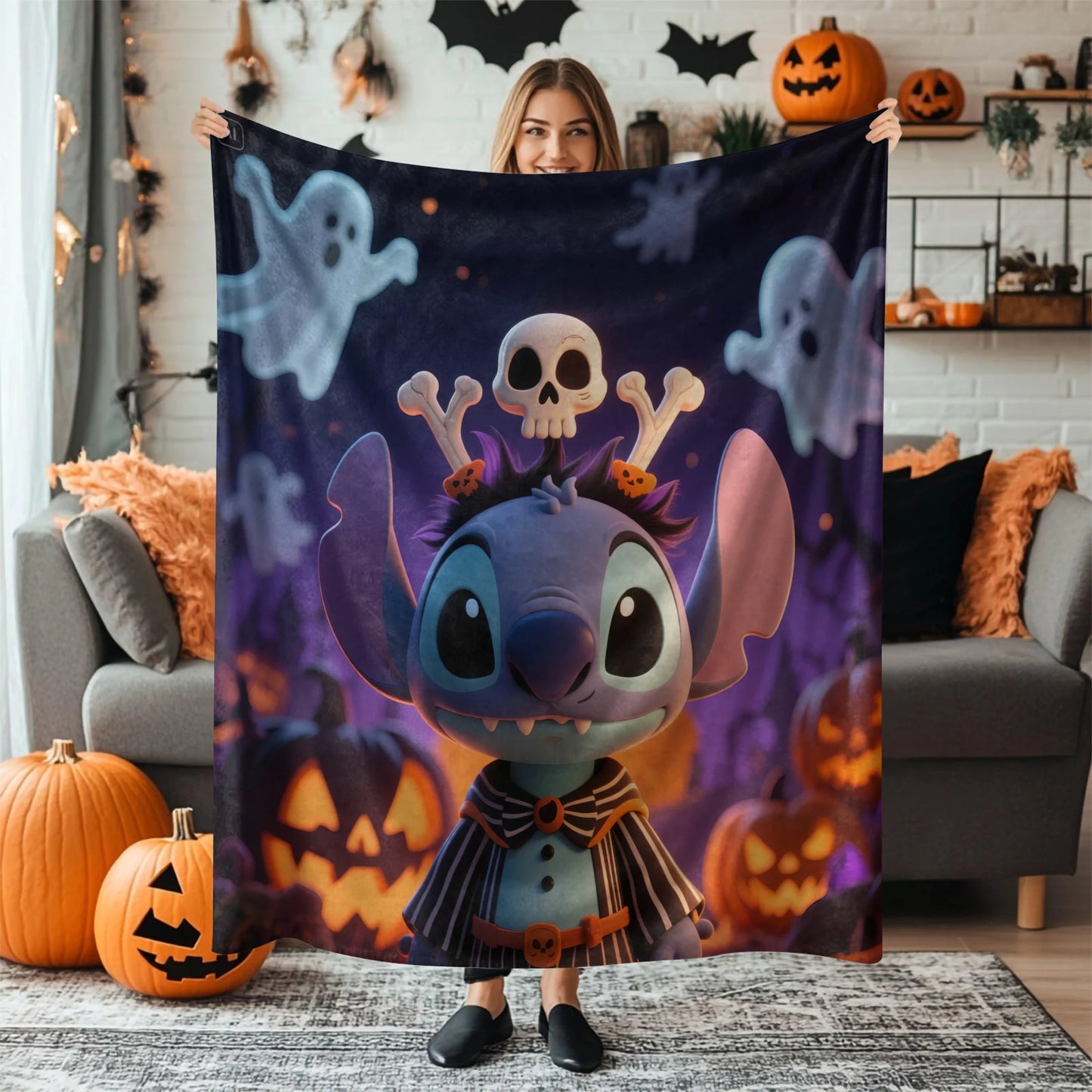 Halloween Stitch Flannel Blanket, Cartoon Multifunctional Throw Blanket, Home Outdoor Leisure Blanket, Comfortable Light Gift