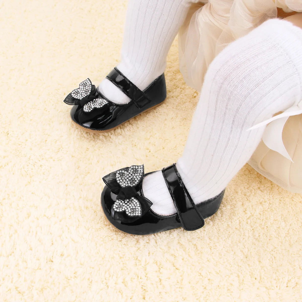 Casual Cute Rhinestone Bowknot Decor Mary Jane Shoes For Baby Girls, Lightweight Non-slip Walking Shoes For Spring And Autumn