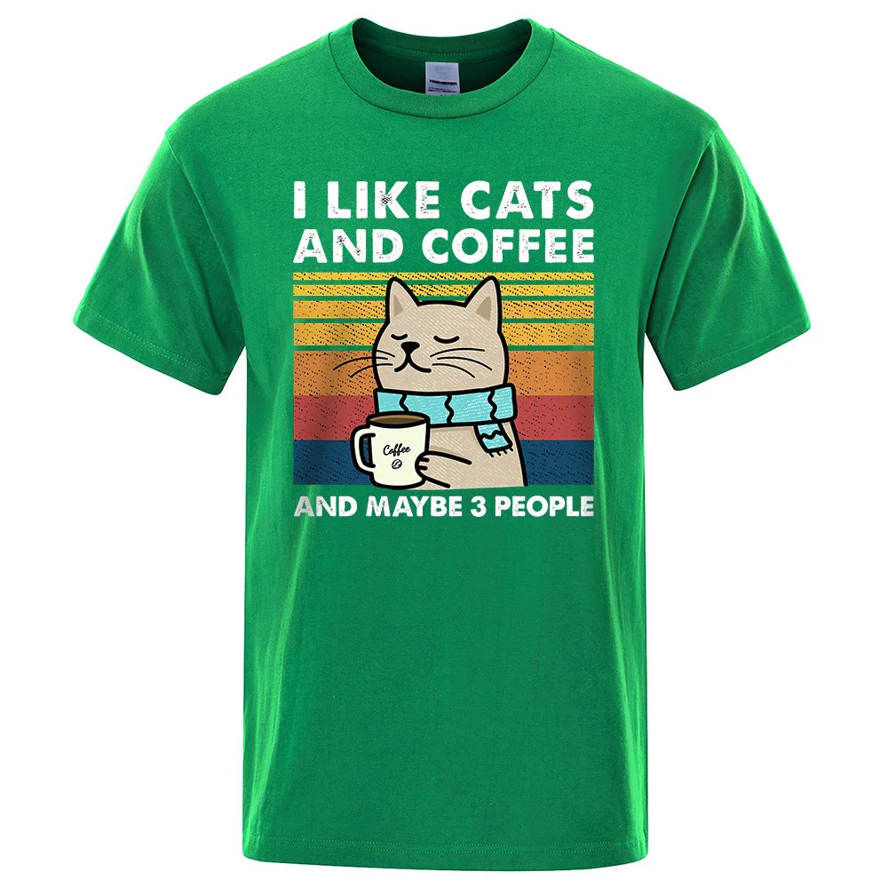 I Like Cats And Coffee Street Funny T-Shirt For Men Fashion Casual Loose Cotton Clothing Crewneck Breathable Tshirt Hip Hop Tees