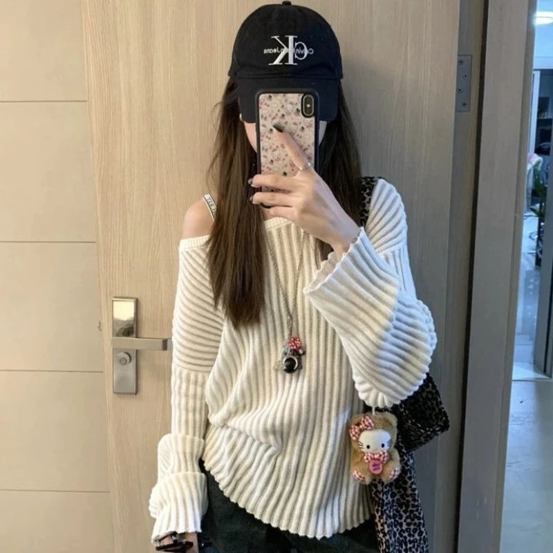 Hollow Out Knitted Stripe Slash Neck Sweater Women Oversize Autumn Winter Long Sleeve Lady Pullovers Lazy Style Blouse Sweater