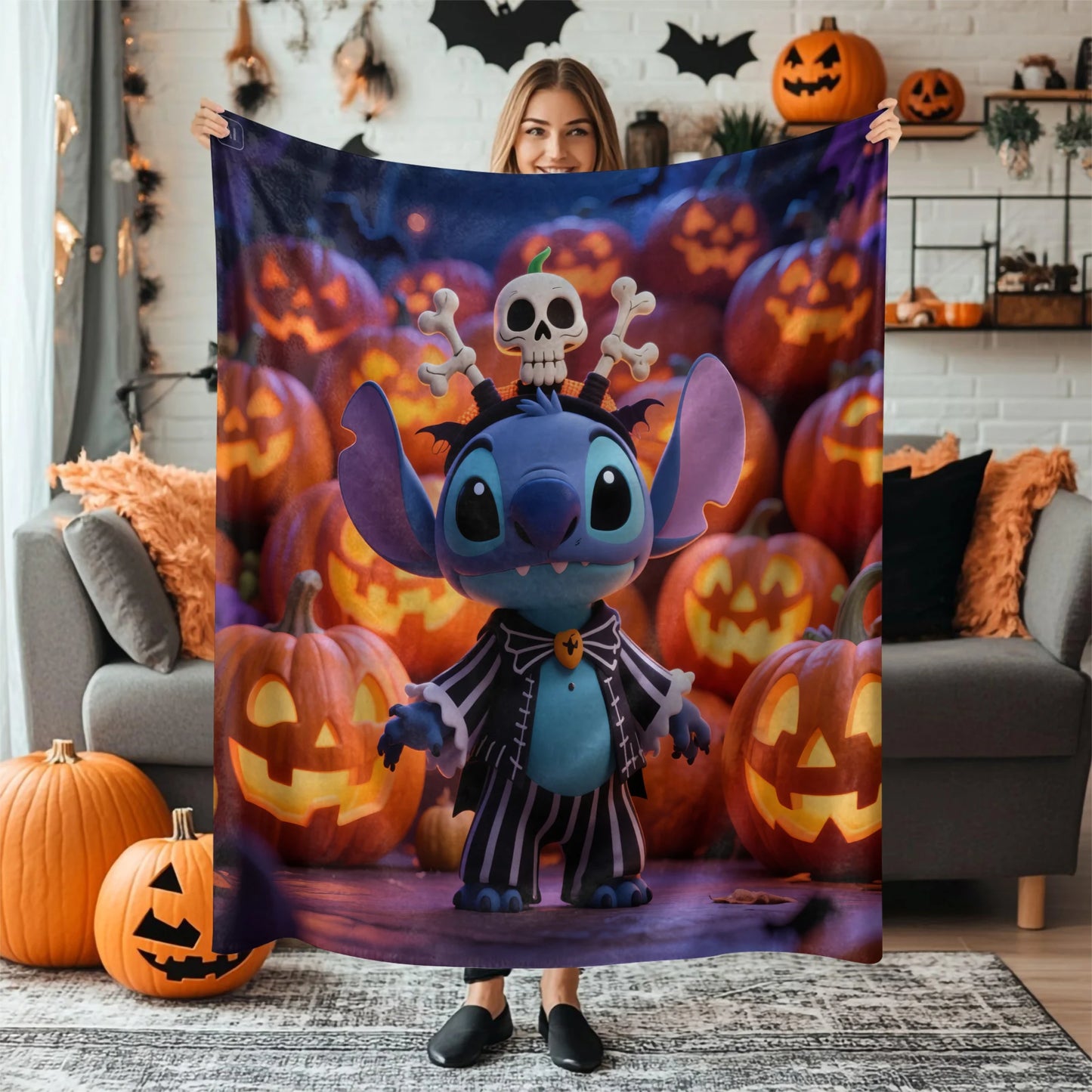 Halloween Stitch Flannel Blanket, Cartoon Multifunctional Throw Blanket, Home Outdoor Leisure Blanket, Comfortable Light Gift