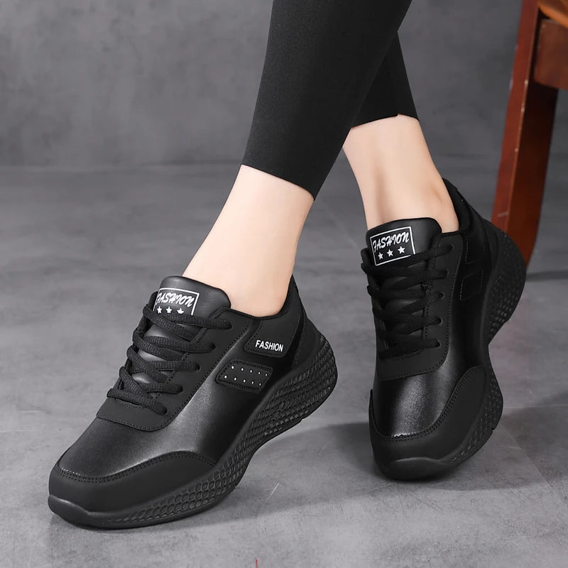 Spring and autumn women's shoes, air cushion, leather surface, waterproof, lightweight, non-slip sports shoes, thick-soled lace-